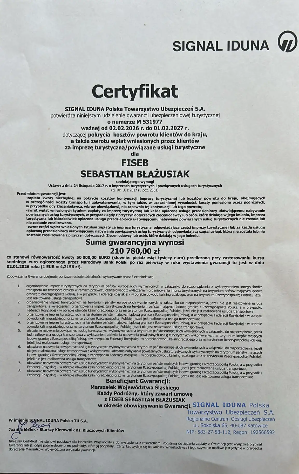 Certyfikat Gwarancji Ubezpieczeniowej Turystycznej
